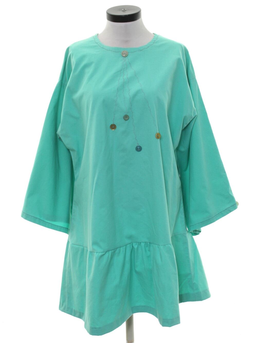 Vintage Style Aqua Home Sewn Peasant Dress Embroidered Ruffle 42 Bust